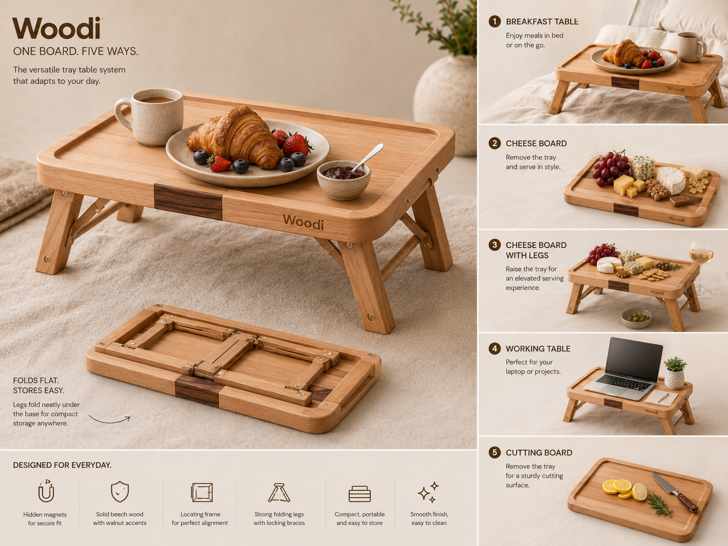 Woodi VersaTable™ – The 5-in-1 Premium Wooden Table